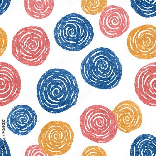 isolated clipart image of watercolor geometric spirals flowers red blue yellow handpainted repetitive pattern linocut vector icon monochrome simp
