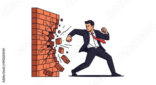 Businessman Breaking Through Brick Wall.
