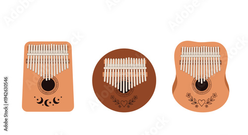 Trio of kalimba thumb pianos in different shapes and wood tones featuring decorative engravings and metal tines.