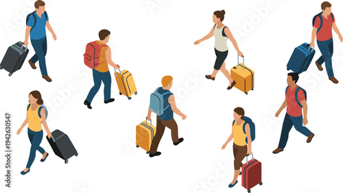Isometric travelers walking with suitcases set, airport passengers with luggage and backpacks, tourism journey concept, travel people vector illustration
