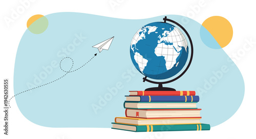 Educational concept featuring a desk globe sitting on a stack of colorful books with a paper airplane flying by.
