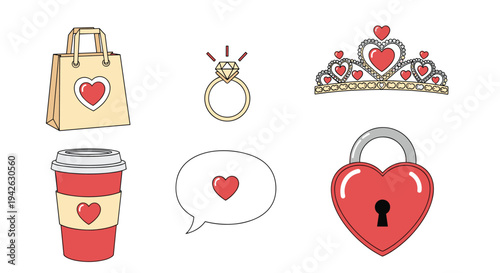 Collection of romantic items including a gift bag engagement ring crown coffee cup heart message and heart lock.