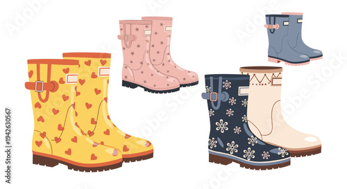 Assorted rubber rain boots with fun patterns like hearts stars and flowers in yellow pink navy and cream colors.