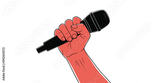 Powerful illustration of a red hand firmly gripping a black microphone as if speaking or singing against a white background.