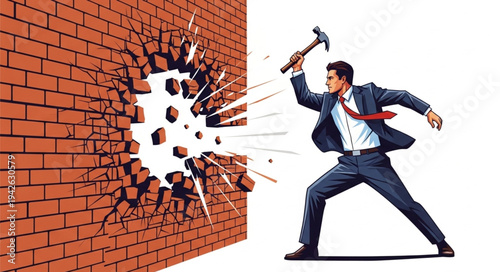 Businessman Breaking Through Brick Wall.