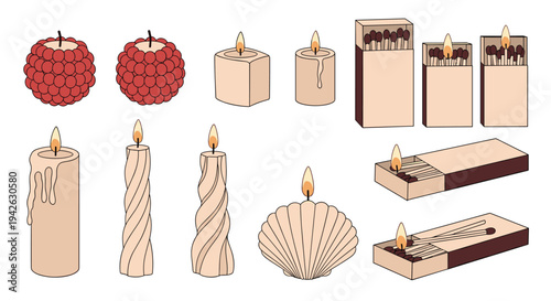 Set of decorative candles in various shapes like shells and spirals along with several open boxes of wooden matches.