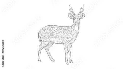 Deer Line Art: A detailed line drawing of a majestic deer with branching antlers stands elegantly, showcasing its natural form and the beauty of wildlife in a simplified artistic representation.