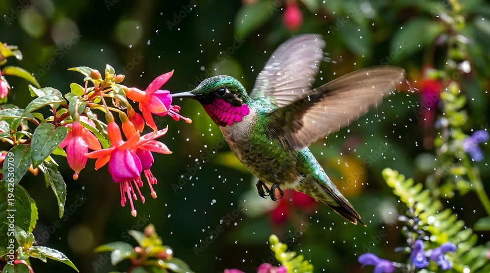 Obraz premium A hummingbird in flight sips nectar from a vibrant flower in a lush garden