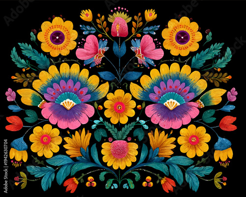 Very colorful flowers Oaxacan style 2D black background symmetrical image