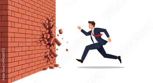 Businessman Breaking Through Brick Wall.