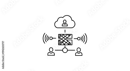 Network connection diagram with cloud and people icons.