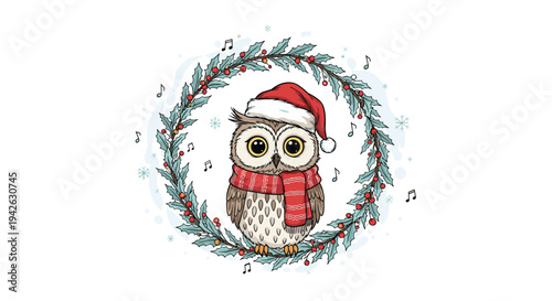 Festive hand drawn illustration of a cute owl wearing a santa hat and red scarf sitting inside a circular holly and berry christmas wreath.