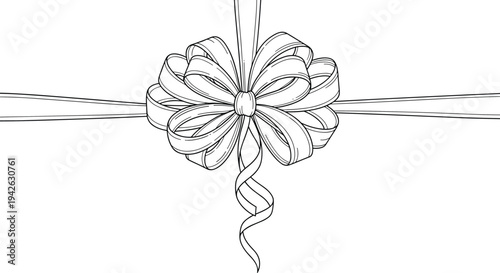 Intricate black and white engraving style sketch of a complex multi loop gift bow with curling ribbons for elegant present packaging.