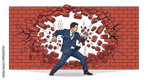 Businessman Breaking Through Brick Wall.