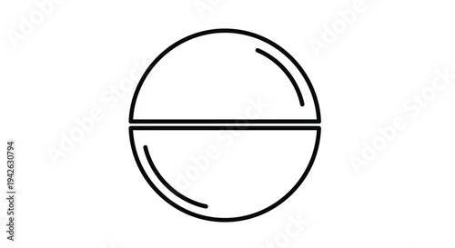 Simple black and white line drawing of a round medicinal pill or tablet split in the middle for healthcare and pharmacy related concepts.