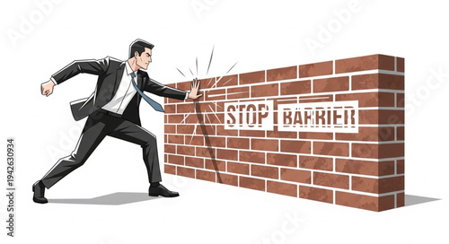 Businessman Breaking Through Brick Wall Barrier.