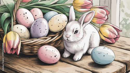 White easter bunny sitting beside a wicker basket filled with colorful eggs and tulips on a wooden table