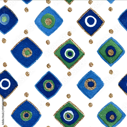 isolated clipart image of watercolor geometric vertical stripes blue gold green foil handpainted evil eye repetitive pattern linocut vector icon