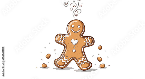 Cheerful cartoon illustration of a smiling gingerbread man cookie decorated with white icing and a heart for christmas holiday treats.