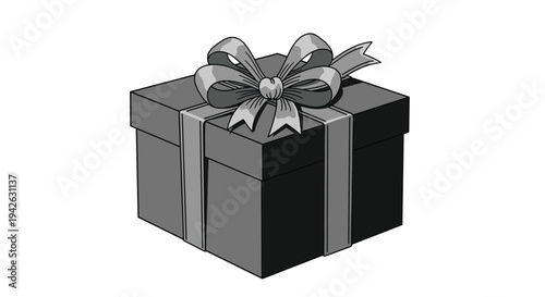 Elegant grayscale three dimensional style illustration of a square gift box wrapped with a large decorative bow for special occasions.