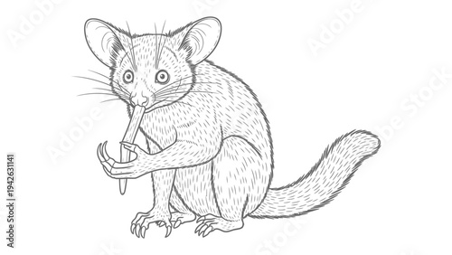 Sketch of a Bushbaby Eating: A detailed sketch depicts a bushbaby, also known as a galago, sitting and holding a piece of food, its large eyes and long tail characteristic of this nocturnal primate.