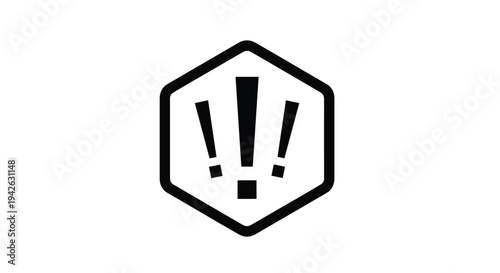 Bold black and white icon featuring three exclamation marks of varying sizes enclosed in a hexagon for warnings and alerts.