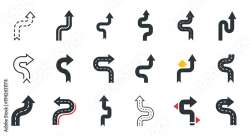 Collection of Winding Arrow Icons for Directional Signage.