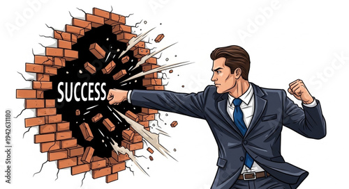 Businessman Breaking Through Brick Wall Success.