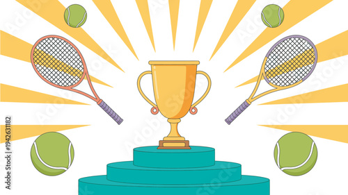 A golden trophy sits on a green pedestal surrounded by tennis rackets and balls with yellow sunburst rays.