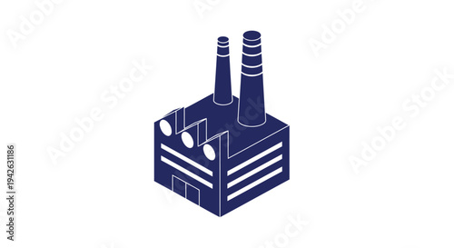 Isometric Blue Factory Building with Tall Chimneys.