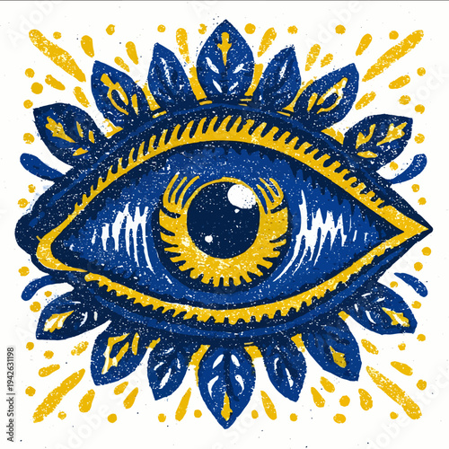 isolated clipart image of blue yellow decorative evil eye linocut vector icon monochrome simple logo for kids on a white background