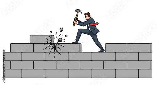 Businessman Breaking Through Concrete Wall.