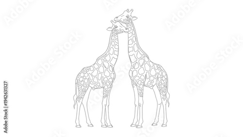 Two Giraffes Necking: An artistic representation of two giraffes in a playful or competitive stance, their long necks entwined.