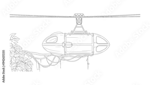 Zip Line Adventure: An illustration showcasing a sleek zip line car suspended mid-air against a backdrop of a lush jungle environment, providing a thrilling outdoor recreational experience.