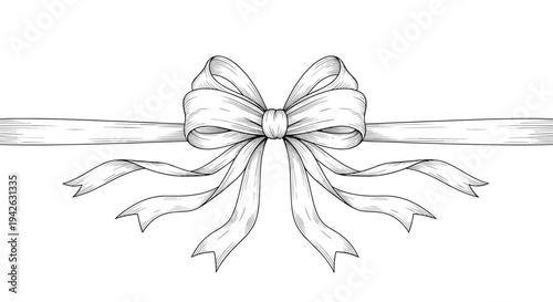 Elegant black and white engraving style sketch of a decorative gift bow with long flowing ribbons for sophisticated present wrapping.