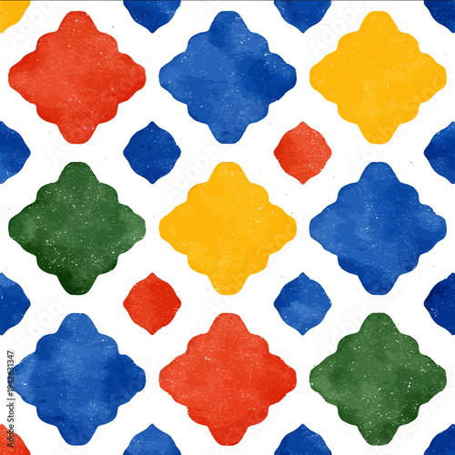 isolated clipart image of watercolor geometric Matisse pattern tile red yellow blue green linocut vector icon monochrome simple logo for kids on a white ba