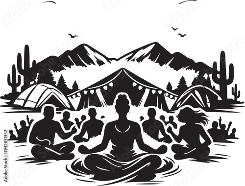 Outline of sunset yoga session amid colorful tents and mountains, meditative lotus poses.