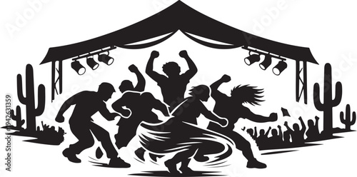 Clean black shape of group moshing in VIP tent with cactus silhouettes, dynamic arm waves.