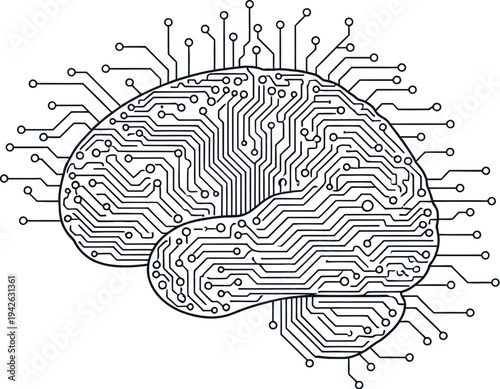 Abstract representation of a human brain circuit board showing advanced artificial intelligence and complex digital processing concepts