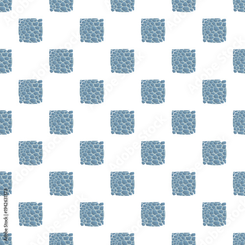 Tileable pattern showing blue squares with reptile scale like texture on a white background