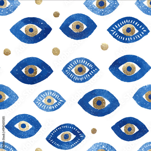 isolated clipart image of watercolor geometric blue gold foil handpainted evil eye repetitive pattern stripes linocut vector icon monochrome simp