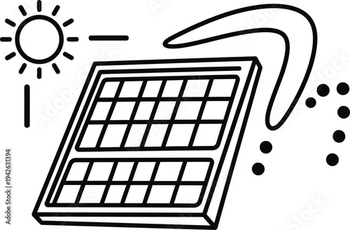 Line art illustration of a solar panel generating electricity from sunlight, symbolizing renewable energy and sustainable power generation.