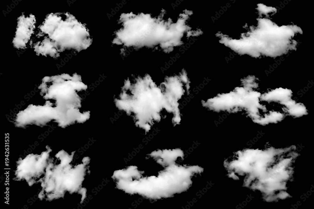 Naklejka premium Set of realistic white cloud elements isolated on black background. Soft fluffy vapor clouds with natural atmospheric texture, perfect for sky compositing, weather design, photo manipulation, overlays
