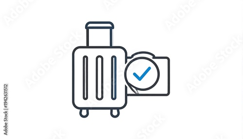A linear illustrated travel suitcase with a camera that has a checkmark overlay