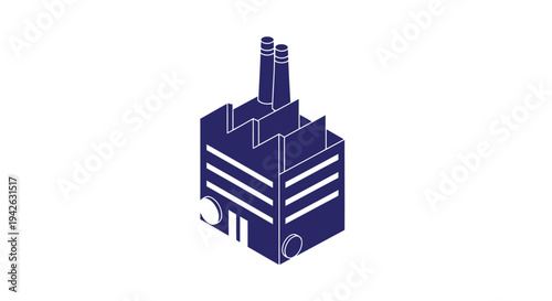 Isometric Dark Blue Factory Building with Smokestacks.