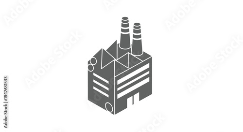 Isometric factory building with smokestacks industrial icon.