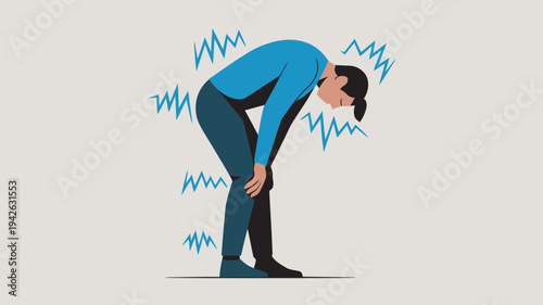 A man experiencing back pain and bending over in discomfort with blue zigzag lines indicating pain