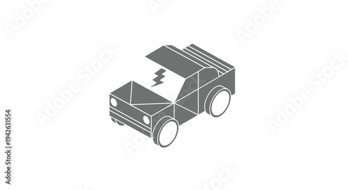 Isometric illustration of a broken down car with an open hood and lightning bolt symbol.