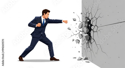 Businessman Breaking Through Concrete Wall.