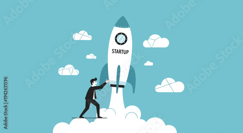 Businessman launching a startup rocket into the sky.